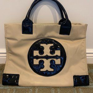 Tory Burch Beige with Black Patent black Leather Logo--Large  Tote Bag